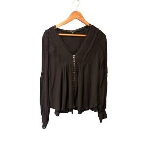 Free People Meet Me Halfway Black Flowy‎ Boho Blouse - Size Small
